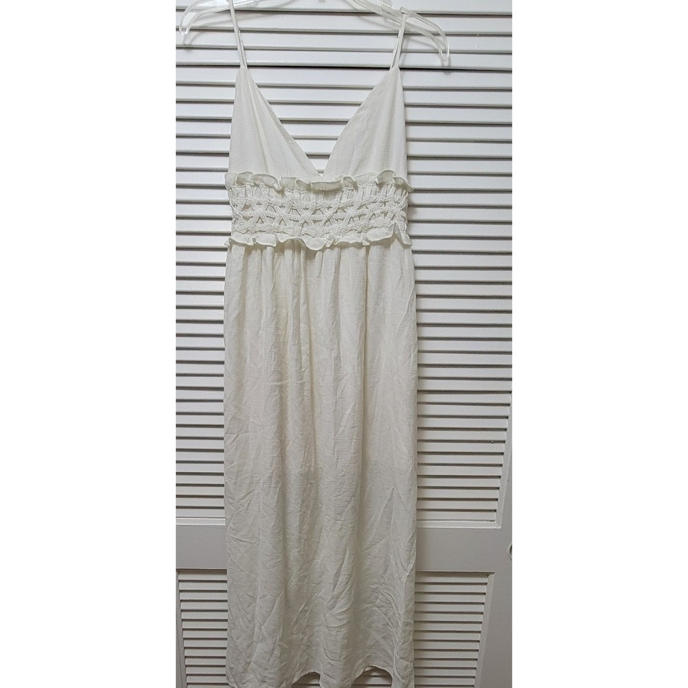 Y2K Boho White Crochet Empire Waist Max Dress Small Beachy Ruffle flowy feminine